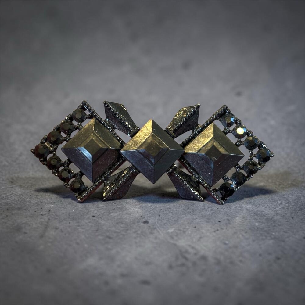 Black Art Deco Brooch Geometric Pyramid Rhinestone Pin Goth Glam